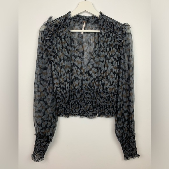 Free People Tops - Free People Twyla Cropped Floral Top Gray Black Semi-Sheer Mesh XS Extra Small